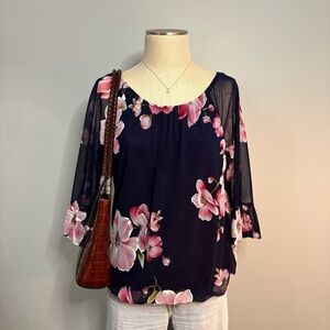 Espresso Y2K Navy and Pink Floral Blouse